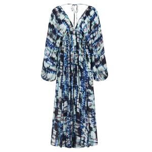 Nocturne Blue Green Tie Dye Ballon Sleeve V Neck Flowy Maxi Dress L